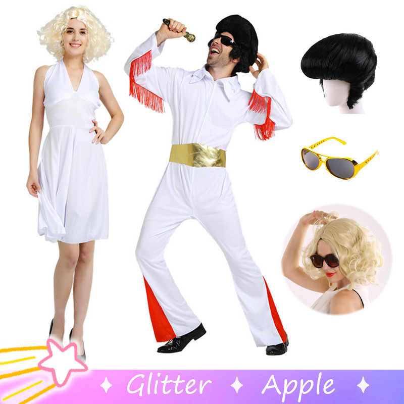 Elvis Presley Jumpsuit สําหรับ Man Marilyn Monroe ชุดสีขาวสําหรับผู้หญิงผู้ใหญ่ Halloween Party คอสเ