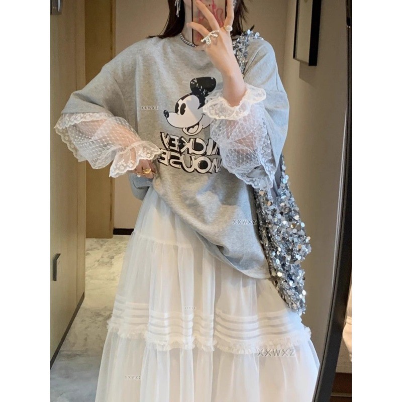 ส่งไวจากไทย🌈Lucy Shop🌈 ผ้าฝ้ายบวกขนาดฤดูร้อนแฟชั่นใหม่การ์ตูน Mickey ลูกไม้ปลอมสองชิ้นเสื้อยืดคอกลม
