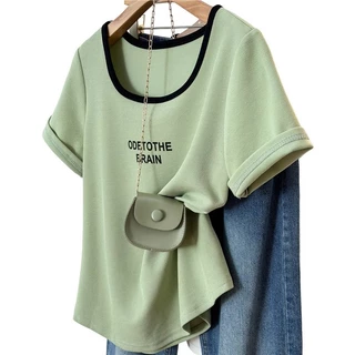 Oversize Tops(40-125kg) ผู้หญิง Plus ขนาดแขนสั้น U คอเสื้อยืดพิมพ์แฟชั่นหลวมเสื้อยืด