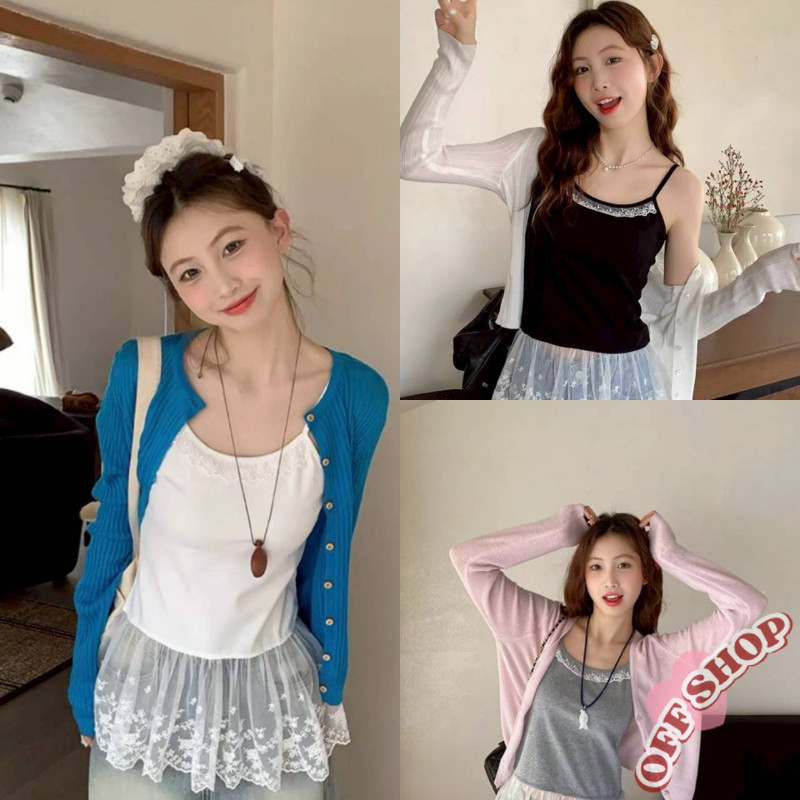 OFF SHOP 🥻ใหม่ 2025 เสื้อสายเดี่ยว มีฟองน้ำ ดีเทลแต่งปลายลายลูกไม้' FY851