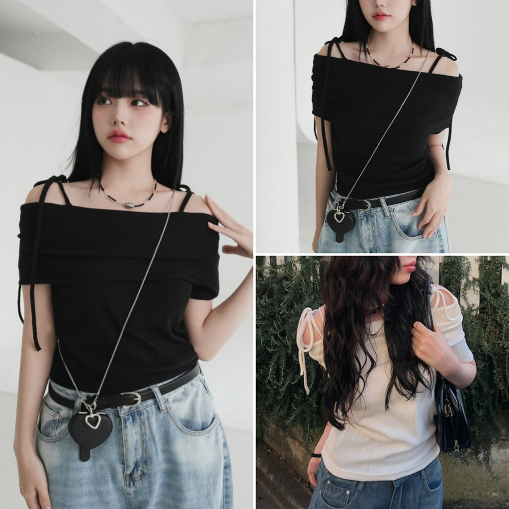 Bella shop🌻เสื้อยืดปาดไหล่สั้น เสื้อรัดรูปสวยๆ แขนสั้น สไตล์เกาหลี สีพื้น ดีไซน์เก๋ไก้และเซ็กซี่