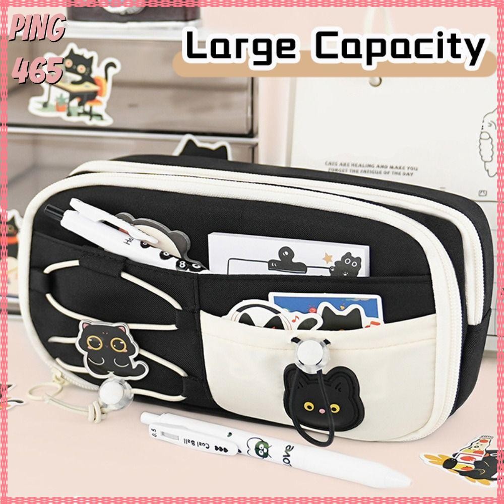 ปากกา ดินสอ ,ความจุขนาดใหญ่หลายชั้นปากกากระเป๋า,ที่มีคุณภาพสูงพาร์ทิชันการจัดเก็บแมวดํา เชือกรูด ออกแบบเครื่องเขียนออแกไนเซอร์ของขวัญนักเรี