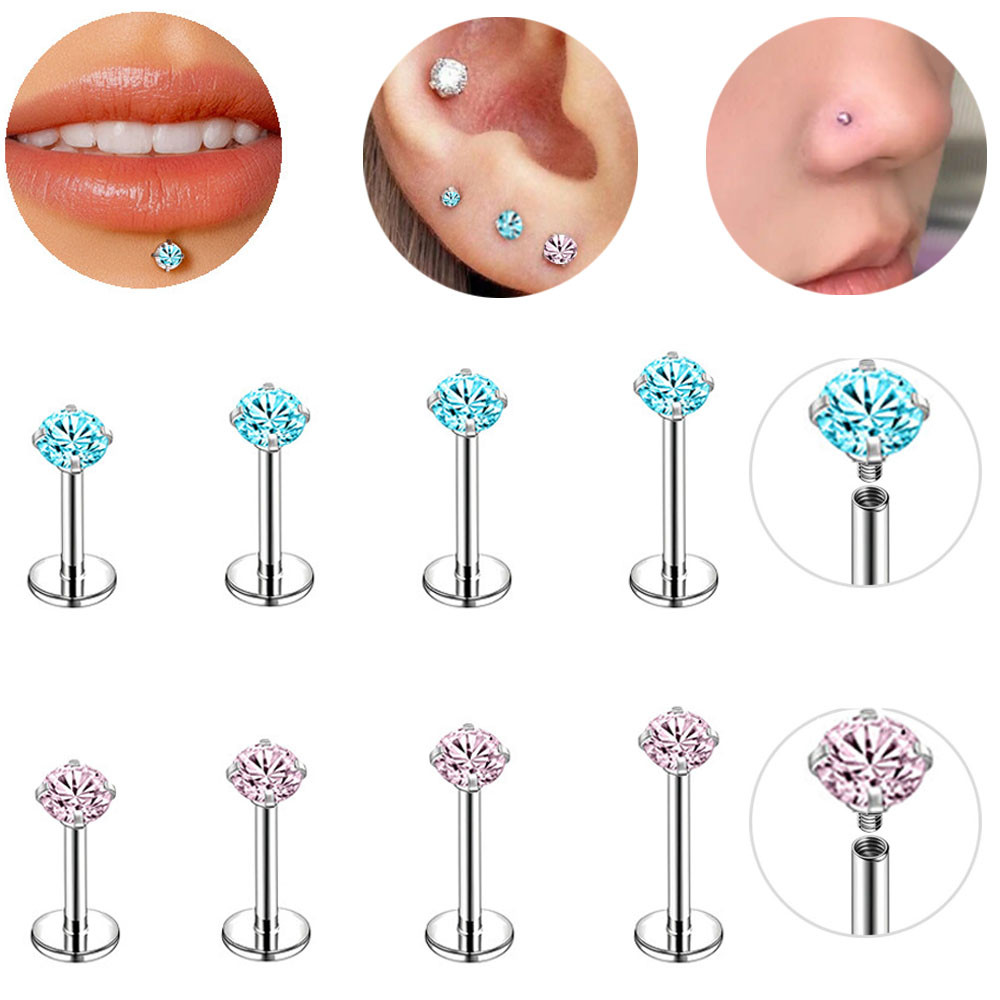 1 PC สแตนเลส Labret Lip Stud 16G/18G ต่างหู 3 มม.คริสตัลจมูกสตั๊ดคริสตัล Labret เจาะ 5/6/7/8 มม.Trangus Helix Conch กระดูกอ่อนต่างหูเจาะสีชมพูสีฟ้า Multicolor