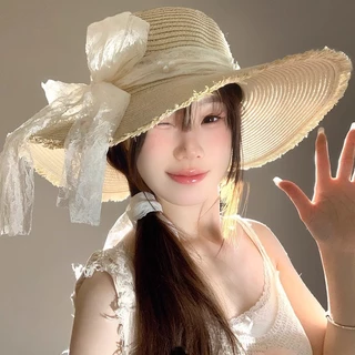 หมวกฟาง กันแดด วัสดุระบายอากาศ ปีกหมวกกว้าง ปัก น่ารัก พร้อมเชือกกันลม
