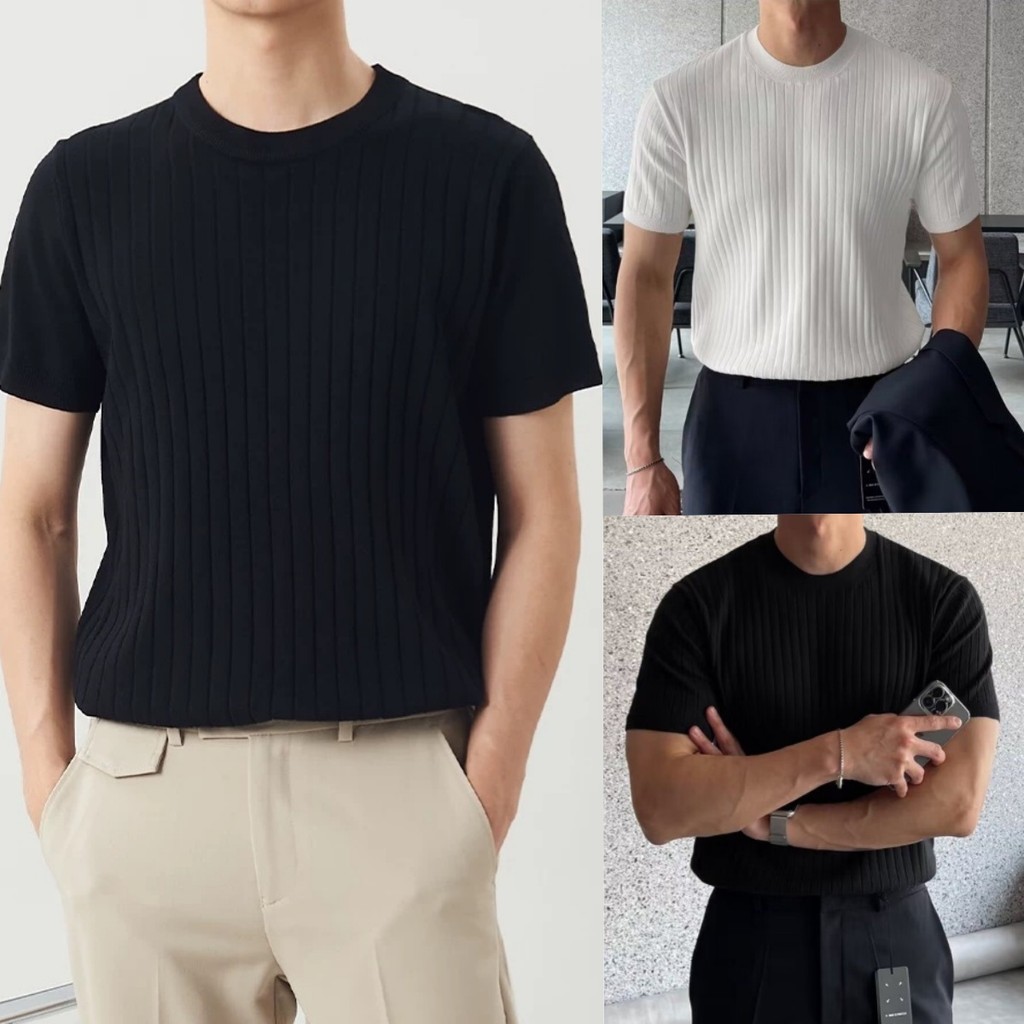 BECoolMan-เสื้อกันหนาว  เสื้อยืดลายทางแนวตั้ง  ความยืดหยุ่น เรียบง่าย   อเนกประสงค์  ins  แนวโน้ม ราคาถูก Shopee Lazada