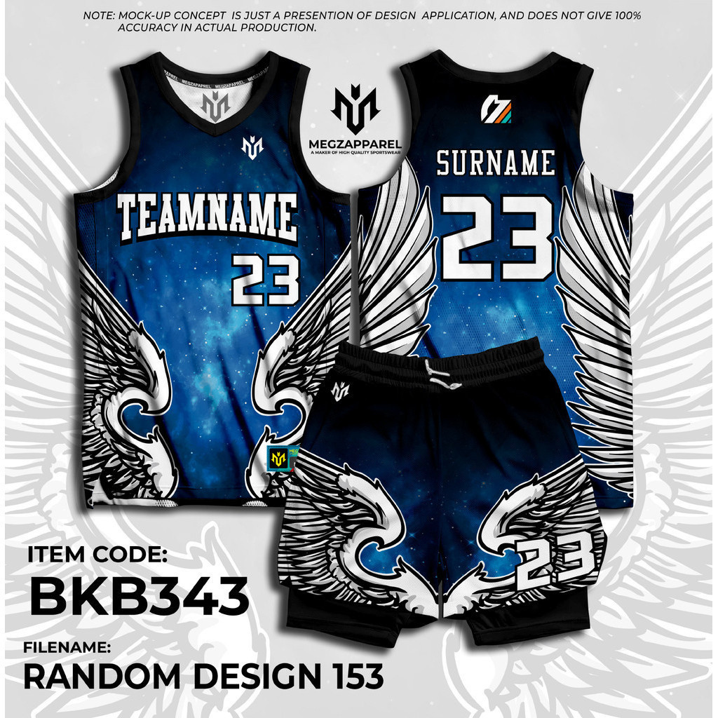 เสื้อบาสเก็ตบอลแบบกำหนดเองลายปีกสีน้ำเงินดำพิมพ์ระเหิดชื่อและหมายเลข
