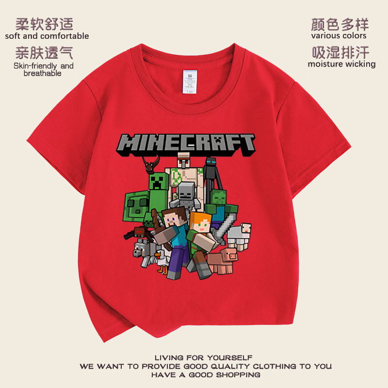 (จัดส่งตลอด 24 ชั่วโมง)Minecraft T-shirt ผ้าฝ้ายเสื้อยืดแขนสั้นเด็กชายเสื้อผ้าฝ้าย 100 %