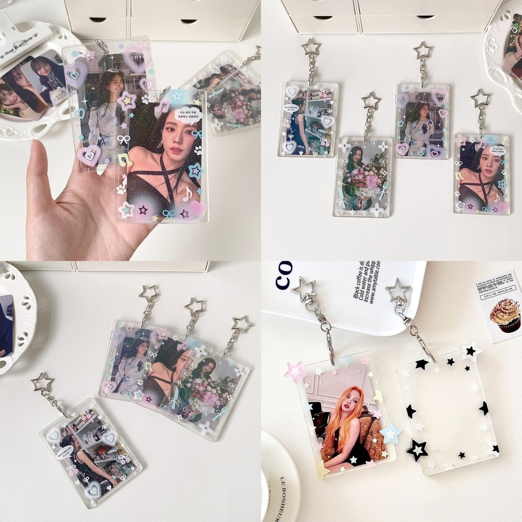 พวงกุญแจกระเป๋าเป้สะพายหลังจี้กราฟฟิตีรักผู้ถือบัตรอะคริลิโปร่งใสรูปถ่ายสามนิ้วเวอร์ชั่นเกาหลีที่มีสีสัน อิน
