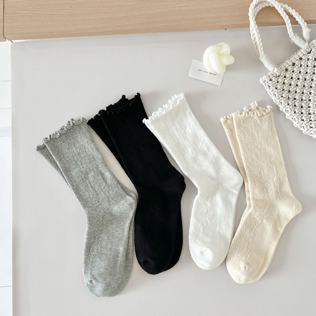 ถุงเท้าผู้หญิง jk จากญี่ปุ่น ถุงเท้าผ้าฝ้ายสีทึบ ตาข่ายระบายอากาศ นุ่มสบาย สไตล์บัลเล่ต์