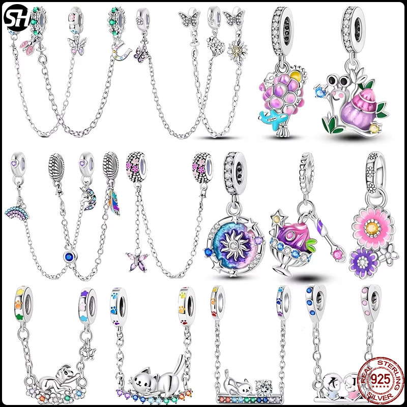 925 เงินสเตอร์ลิงน่ารักสีม่วง Charms แมวสุนัขผีเสื้อดอกไม้ความปลอดภัย chain Dangle จี้ Fit 4 มม.รู dilame สร้อยข้อมือ DIY