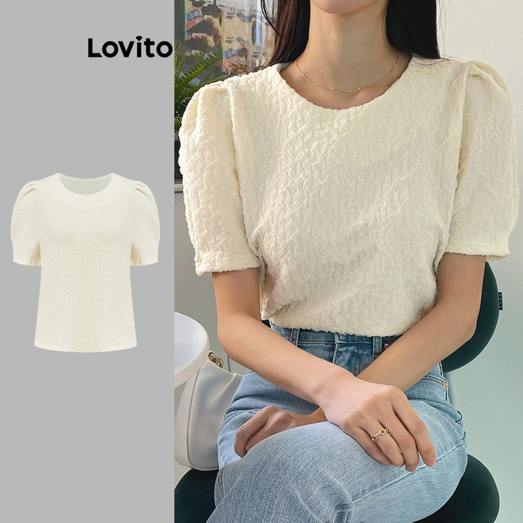 Lovito เสื้อเบลาส์ลายเรียบๆ ลำลองสำหรับผู้หญิง L105MD507