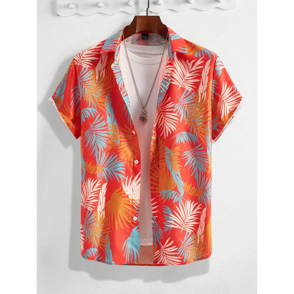 Hawaii Beach Party เสื้อเชิ้ตแขนสั้นผู้ชายพิมพ์ลายลําลองพลัสไซส์