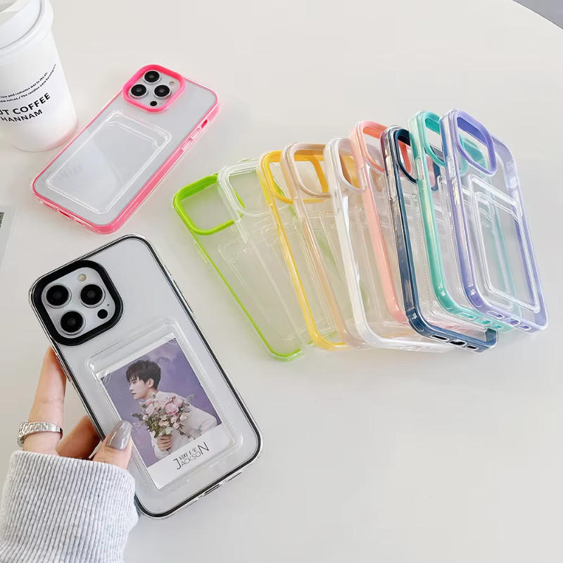 ซองใส่กระเป๋าใส่การ์ดใส For iPhone 16 15 14 13 12 11 Pro Max 15 Plus XS Max X XR 16 Pro ฝาครอบกันกระแทกกระเป๋าสตางค์ใส