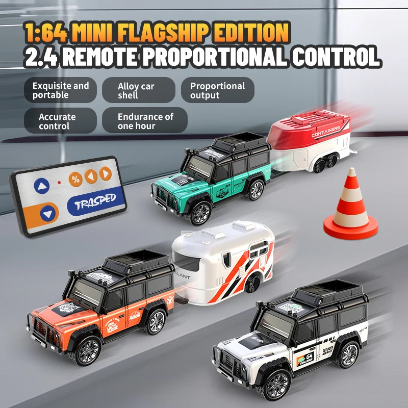 RC รถกระบะออฟโรดขนาดเล็ก 1/64 ของเล่นสำหรับเด็กผู้ชายอายุ 6 ขวบ รถบังคับวิทยุ 2.4G ชาร์จไฟได้พร้อมรถพ่วงรถจี๊ปอัลลอยด์น้ำหนักเบา