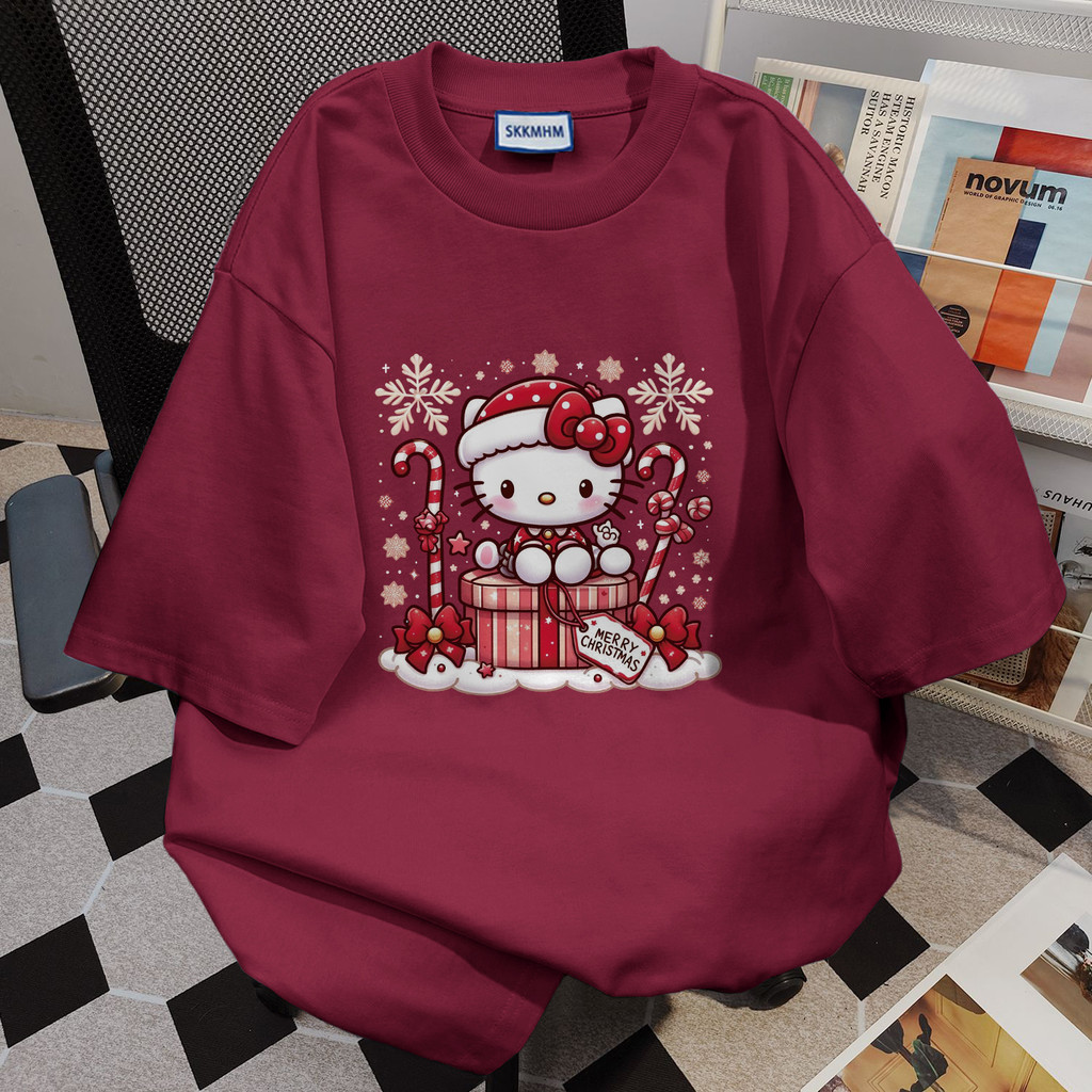 เสื้อ christmas TIHIK เสื้อยืดสีแดง oversize ผ้าฝ้าย100 Hello Kitty ลายการ์ตูน B000476