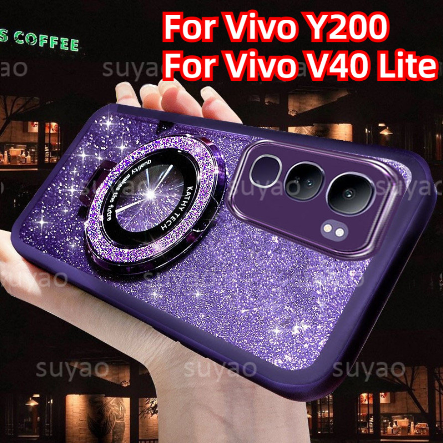 สําหรับvivo V40 Lite Y200 V30 V29 Pro 2024 4G 5G Glitterหรูหราชุบเคสโทรศัพท์ฝาครอบขาตั้งแหวนผู้ถือวงเล็บสาวน่ารักกล้องกันกระแทกSoft TPUกลับปลอกVivoV40 V30E V29E