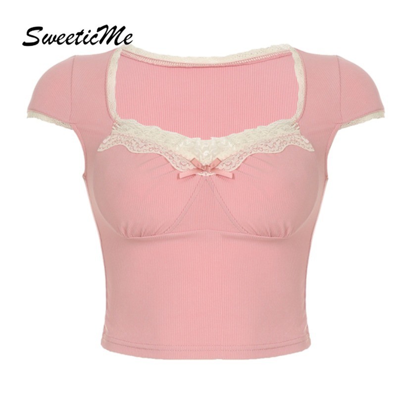 Sweeticme เสื้อยืดลําลอง แขนสั้น คอสี่เหลี่ยม แต่งลูกไม้ สีตัดกัน เซ็กซี่ แฟชั่นสําหรับสตรี 2023