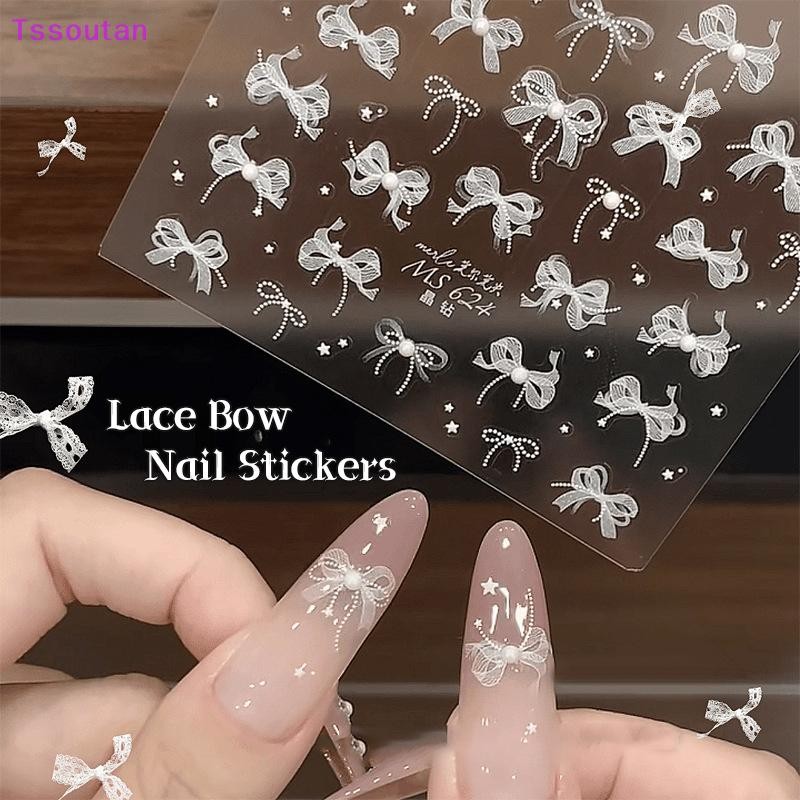 [TSST] 5d ลูกไม้สีขาวโบว์สติกเกอร์เล็บเพิร์ล Rhinestones ตกแต่งเล็บกาว Decals Slider DIY อุปกรณ์เสริม TAN