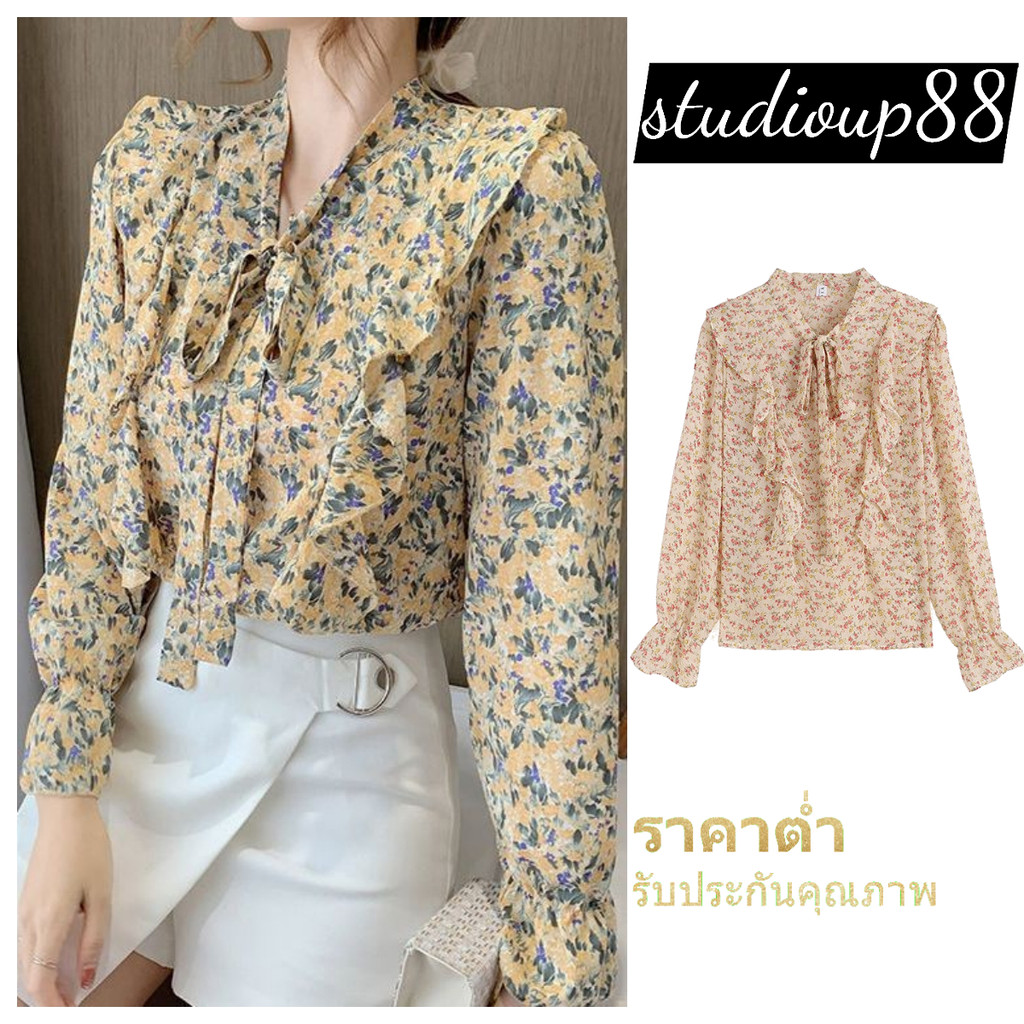 (ส่งจากไทย)เสื้อเชิ้ตแขนยาวผู้หญิง แขนยาว ริบบิ้นใบบัวพิมพ์โบว์ เสื้อคอกลม เด็กผู้หญิง เสื้อชีฟองลายดอกไม้