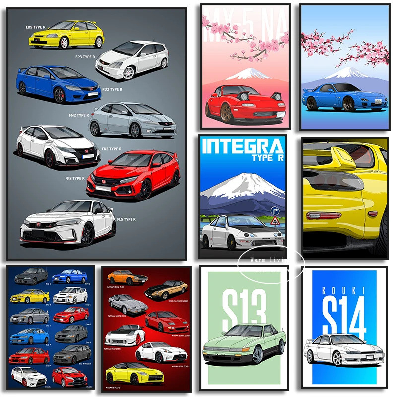Nissan GTR รถครอบครัวโปสเตอร์ Honda Civic ประเภท R Mazda MX5 Jdm ภาพวาดผ้าใบพิมพ์ภาพสําหรับห้องนั่งเล่นตกแต่งบ้าน MD2J