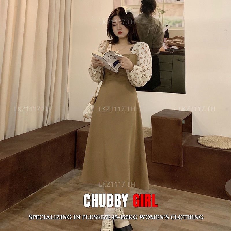 Plus size เสื้อผ้าสาวอวบ เดรสสาวอวบอ้วน ไซส์ใหญ่ ผู้หญิง ชุดออกงาน ทรงหลวม แขนยาว คอเหลี่ยม ฤดูใบไม้ผลิ สไตล์เกาหลีแฟชั่น