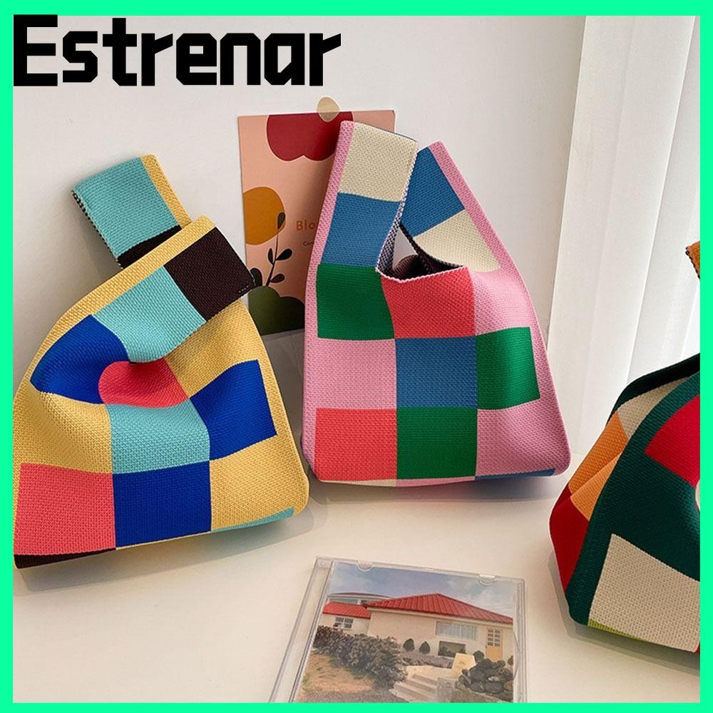 Estrenar Tote Bag Mini Plaid Shoulder Bag Shopping Bags Women Girls Knot Wrist Bag