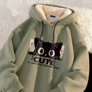 เสื้อกันหนาวมีฮู้ดลายการ์ตูนสําหรับผู้ชายและผู้หญิงในฤดูใบไม้ร่วงและฤดูหนาวพร้อมผ้าขนสัตว์หนาและขนแกะด้านบน
