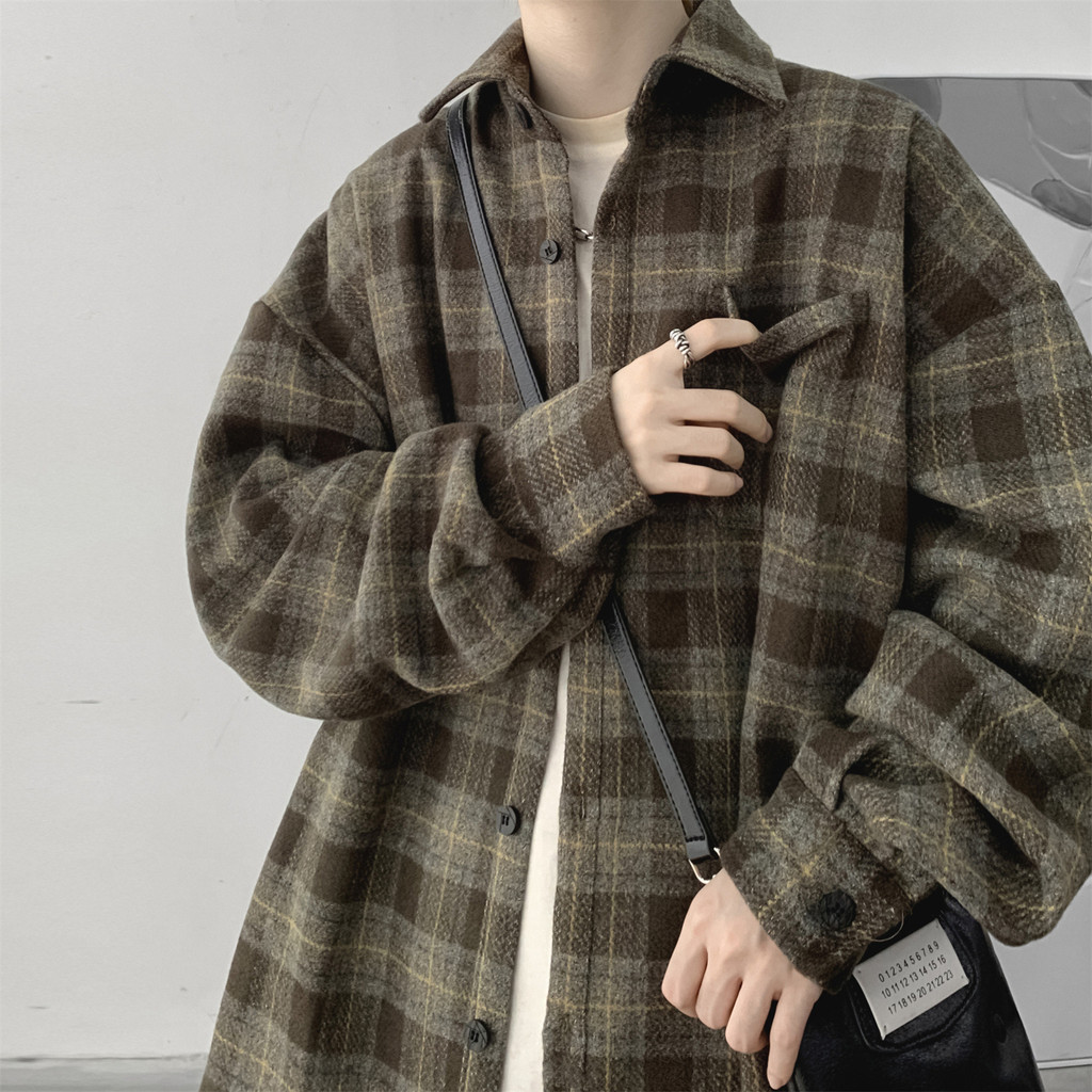 2024ใหม่ฤดูใบไม้ร่วงผู้ชาย Retro checkered lapel หลวมเสื้อแขนยาวผ้าขนสัตว์