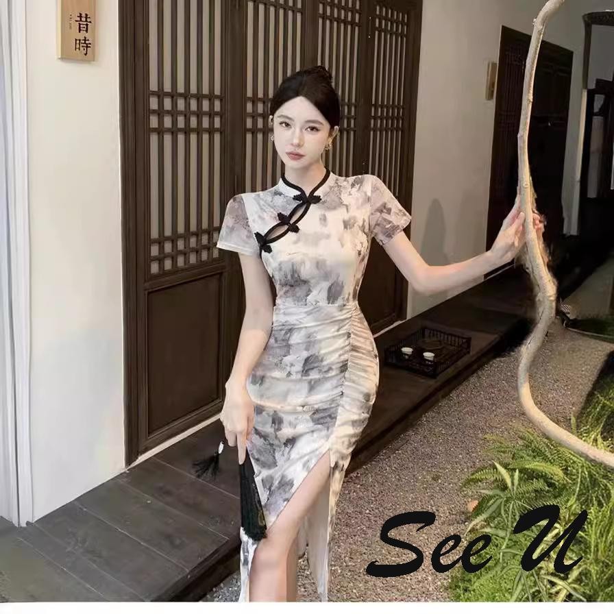 ผู้หญิง Retro พิมพ์ปรับปรุง Cheongsam แขนสั้น High Slit Bodycon Ruched เอวชุดยาวกลาง