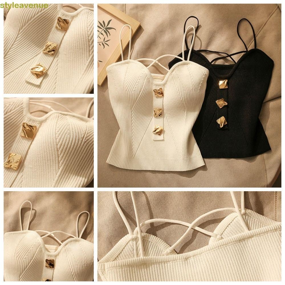 Styleavenue เสื้อถักผู้หญิง,สไตล์ฝรั่งเศสสปาเก็ตตี้ถักเสื้อกล้าม,เสื้อกล้ามแขนกุดCross-knitสีขาวสีดําแขนกุดTเสื้อฤดูร้อน