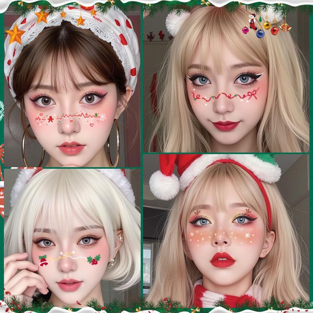 ธีมคริสต์มาสสติกเกอร์รอยสักชั่วคราวใบหน้าน่ารักสติกเกอร์รอยสักปลอมนุ่มหวานกันน้ําแต่งหน้าสติกเกอร์รอยสัก
