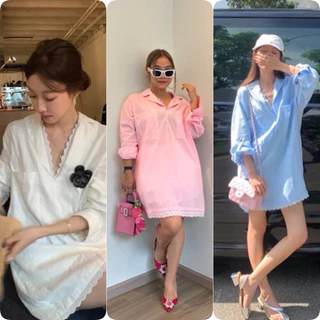Dahong w520 เสื้อเชิ้ตยาวเกาหลี เรียบๆ oversize แขนยาวสีพื้น ผ้าลินินบุซับ คอวีแซมลูกไม้ ชายลูกไม้ มีกระเป๋า