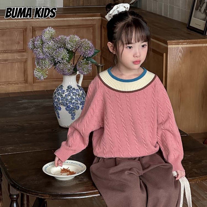 Buma KIDS เสื้อสเวตเตอร์ถักนิตติ้งตัดกันสไตล์อังกฤษสําหรับเด็ก Girl เสื้อเจ้าหญิงน่ารัก
