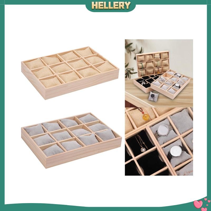 [HelleryTH] ถาดจัดระเบียบนาฬิกา 12 กริดนาฬิกาเครื่องประดับสร้อยข้อมือกล่องเก็บไม้ผู้ถือนาฬิกาสําหรับเคาน์เตอร์สร้อยข้อมือลิ้นชัก
