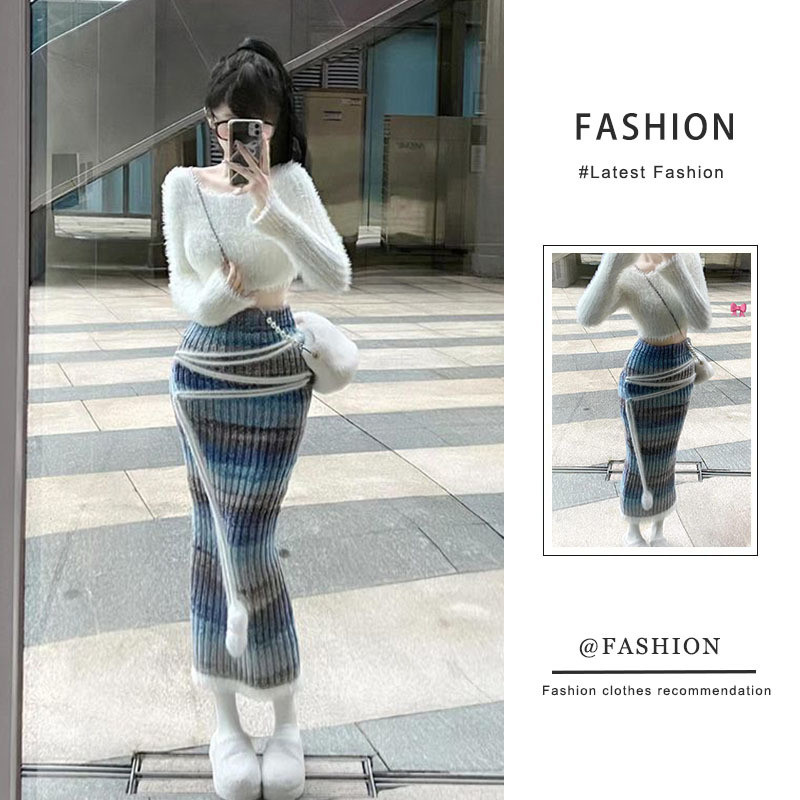 ผู้หญิงสูทหวานถักเสื้อกันหนาวสะโพกคลุมครึ่งเล้ง