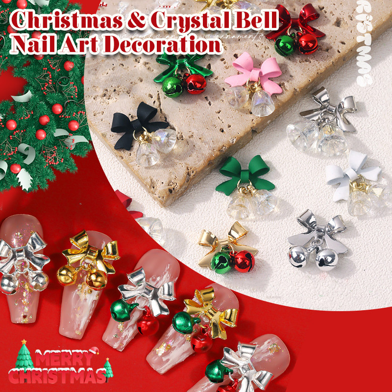 ตกแต่งเล็บเล็บสติ๊กเกอร์คริสต์มาสระฆังโลหะผสมกุทัณฑ์จี้สีแดงทองเงิน10ชิ้น