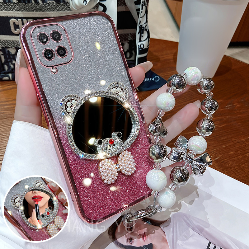 กันกระแทกcase สําหรับ Samsung A12 M12 A22 4G 5G M22 เคสโทรศัพท์หมีแต่งหน้ากระจกสร้อยข้อมือใหม่เคสโทรศัพท์