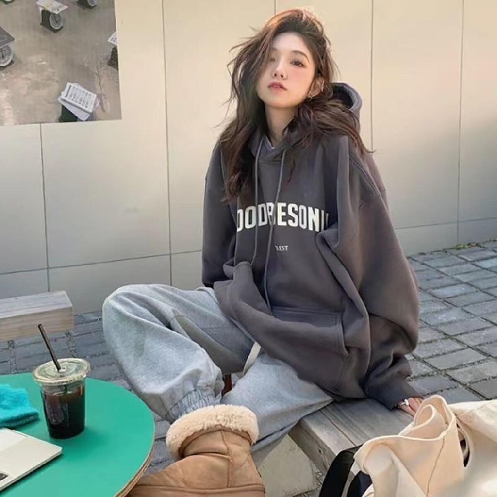 Solovely ผู้หญิง สไตล์เกาหลี โอเวอร์ไซส์ เสื้อฮู้ด งานปัก แจ็กเก็ต แขนยาว หลวม สวมหัว สเวตเตอร์