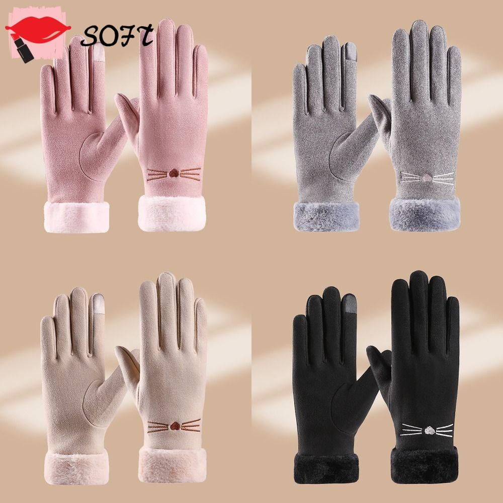 ถุงมือนิ้วมือ SOFTNESS, หน้าจอ Touchable Plush ข้อมือฤดูหนาวขี่ถุงมือ,นุ่มสไตล์เกาหลีถักขนสัตว์ Thicken ถุงมือ Bracers สําหรับผู้หญิงฤดูหนาว Warm