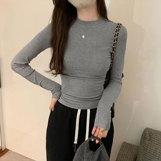 BIMI เสื้อยืดกระชับสัดส่วนทรงสลิมฟิตแขนยาวสไตล์พื้นฐานฤดูใบไม้ร่วงของผู้หญิงมาใหม่อเนกประสงค์สไตล์เกาหลีเสื้อฐานผู้หญิง