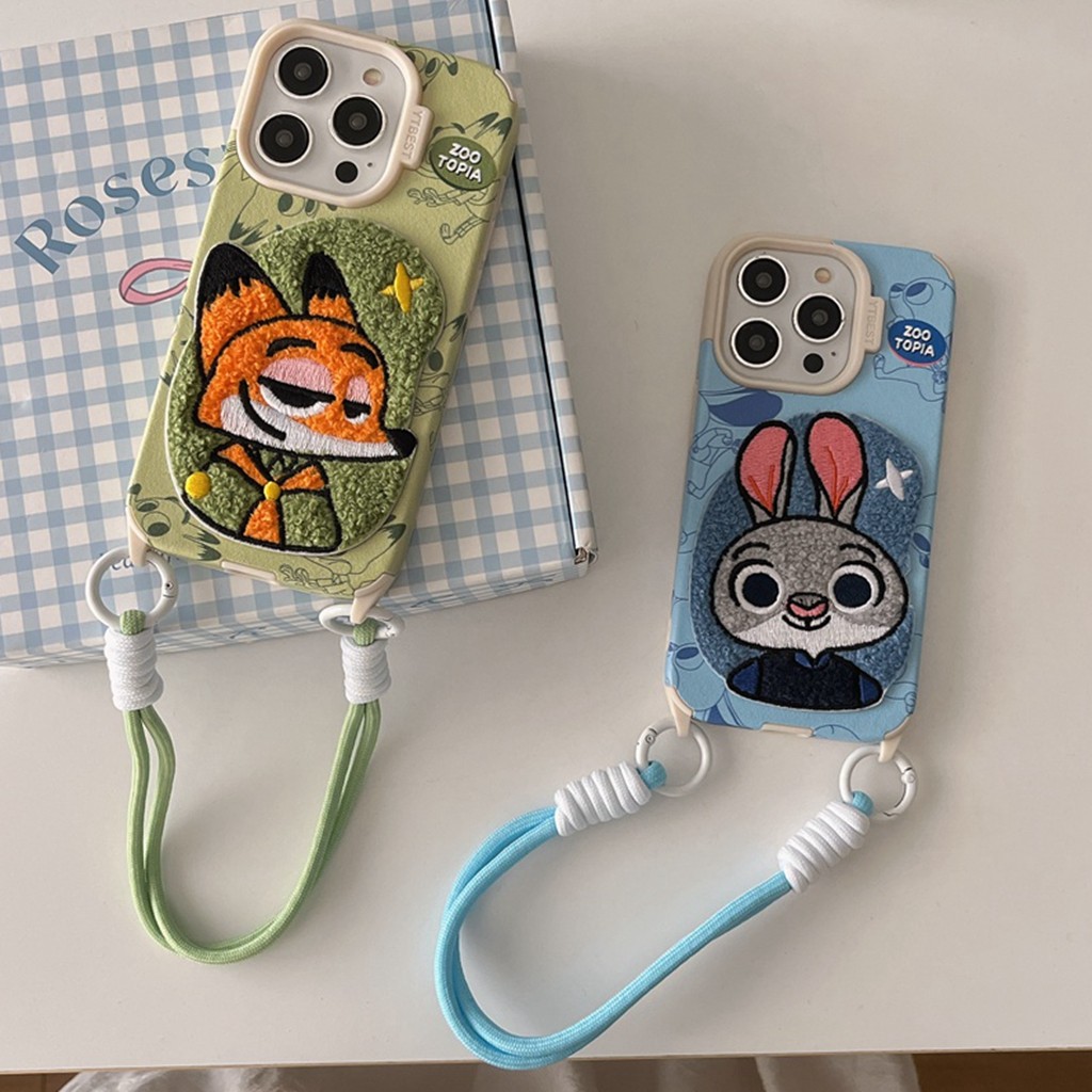 เคสโทรศัพท์สําหรับiphone 16 15 Pro Max 14 13 12P 11 Zootropolisการ์ตูนJudyกระต่ายNickเย็บปักถักร้อยตกแต่งSoft TPU Anti-Scratchโทรศัพท์มือถือพร้อมสายคล้องกันกระแทกเกราะป้องกัน