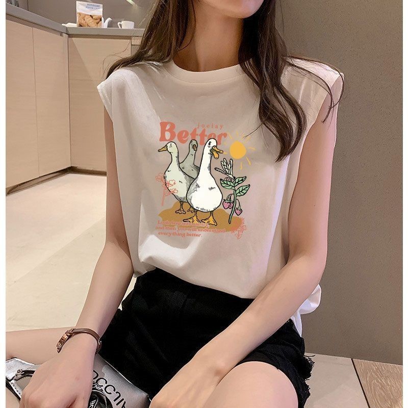 NEW เสื้อแขนกุดผู้หญิง ลายเป็ด สีขาว-สีดำ OP-1068