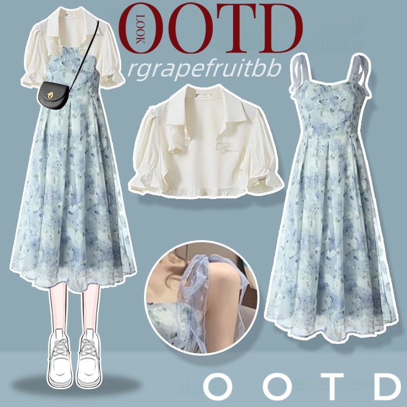 สไตล์ใหม่รับหน้าร้อน🌈ชุดเซ็ท2ชิ้น🌟เสื้อลายดอกสั้นสุดเก๋+กระโปรงสายเดี่ยว🌊⭐แฟชั่นเกาหลี สไตล์ย้อนยุคของวิทยาลัย