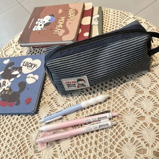 ใหม่ เดนิม คิตตี้ กล่องดินสอการ์ตูนน่ารักเครื่องเขียนกล่องเก็บแบบพกพาขนาดใหญ่-ความจุดินสอไม้บรรทัดแก้ไขกรณีดินสอ