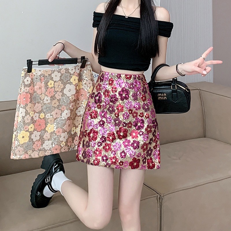 2025 ฤดูร้อนสไตล์ใหม่เกาหลีรุ่น Heavy Industry Sequined Chanel สไตล์เอวสูง Slimmer ดู A-Line กระโปรง