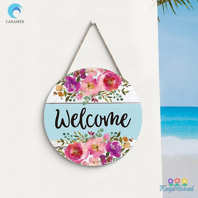 Keepmoved ป้ายแขวนไม้ดอกไม้, ป้ายประตูดอกไม้สีน้ํา Wee, 11.8"x11.8" วงกลมบ้านไร่ชนบทประตูด้านหน้าแขวนป้ายใหม่