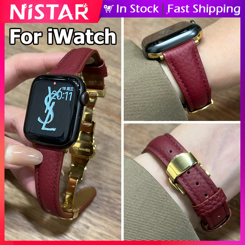 Nistar โลหะพับหัวเข็มขัดสายหนังลิ้นจี่ สําหรับ Apple Watch Ultra S10 9 8 7 6 SE 5 4 3 2 1 iWatch 49 46 45 44 42 41 40 38 มม. รองรับ smartwatch