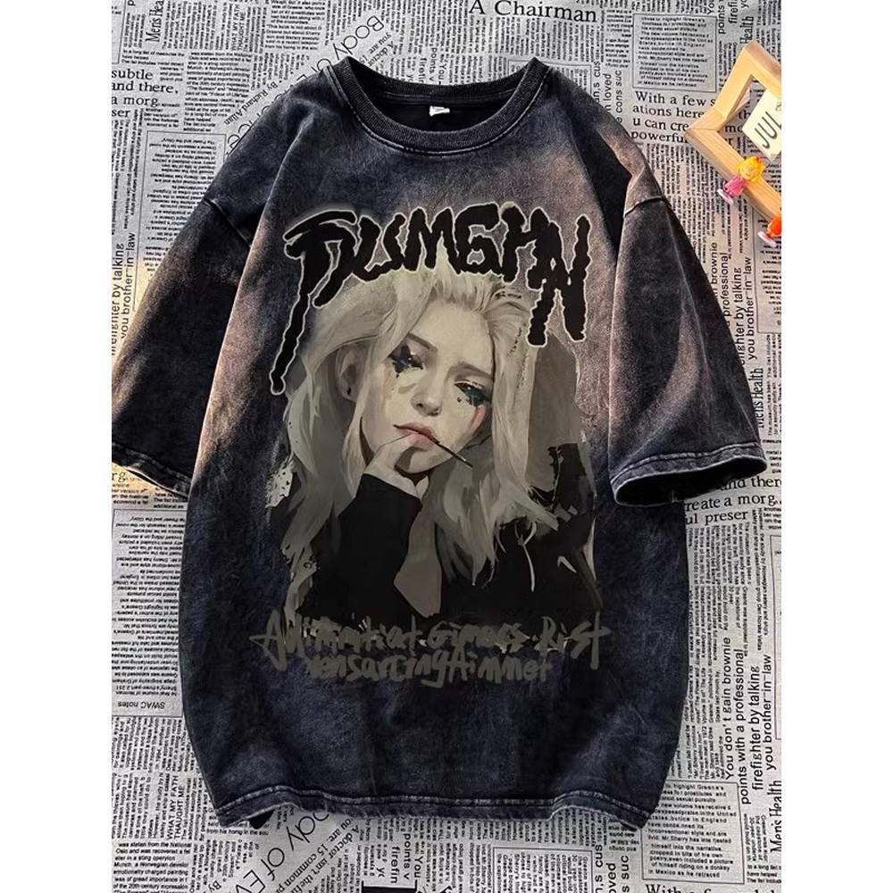 Basi💥 เสื้อผู้ชาย เสื้อยืด oversize เสื้อฟอก วินเทจ สตรีท เกรดพรีเมียม เสื้อคอตตอน ไม่หดตัว ใส่สบาย ลาย "PUMGHN GIRL"