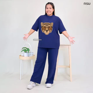 ชุดเซ็ท เสื้อคอกลม แขนสั้น สกรีนลายเสือ กางเกงขายาว ทรงขากระบอก ผ้าอัดลายเม็ดงา ใส่ได้ทั้งชายและหญิง 9015+tt-190#