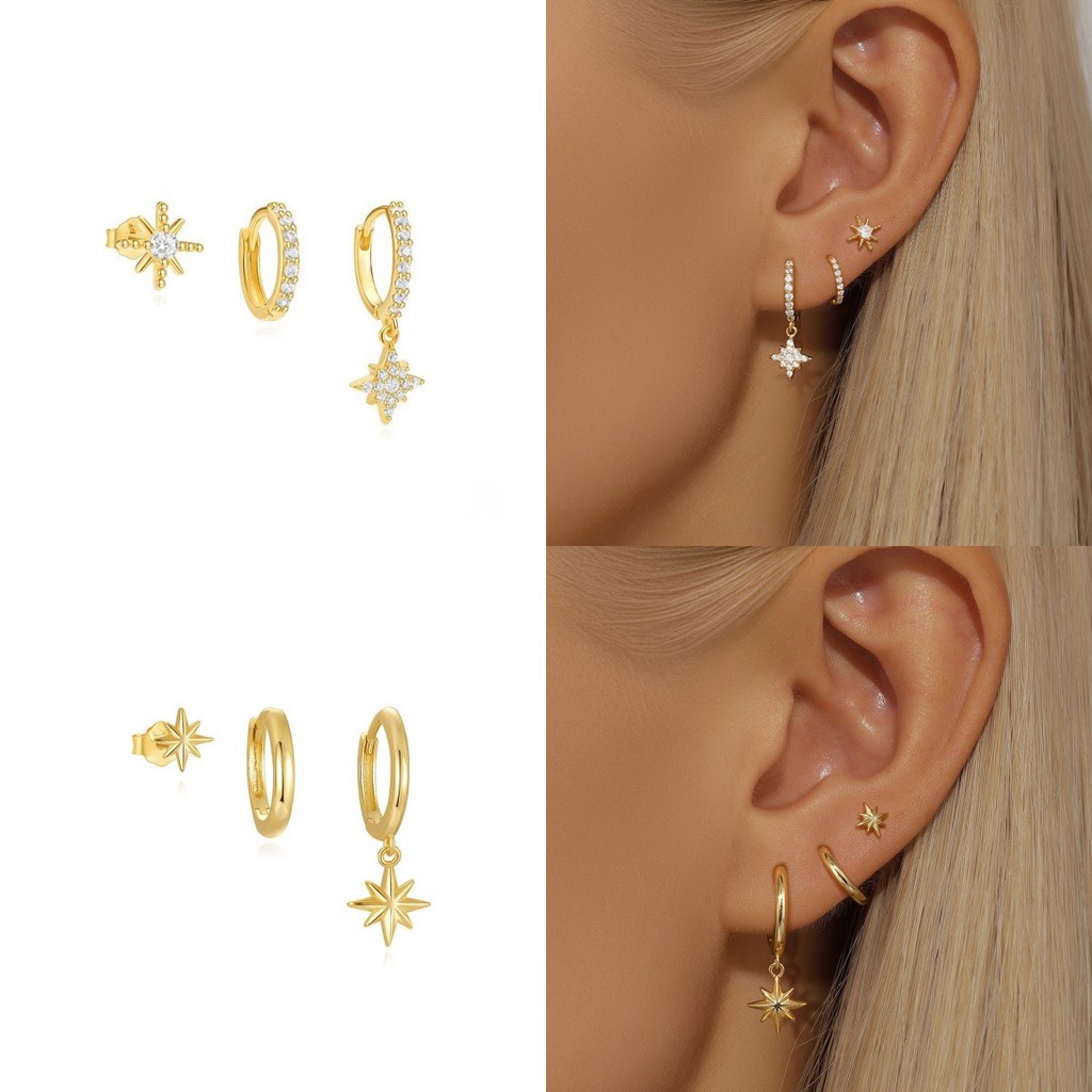 3 ชิ้นZircon Star Moon Hoopต่างหูผู้หญิง 18K Gold Plated Dangleต่างหู Hypoallergenicเครื่องประดับ